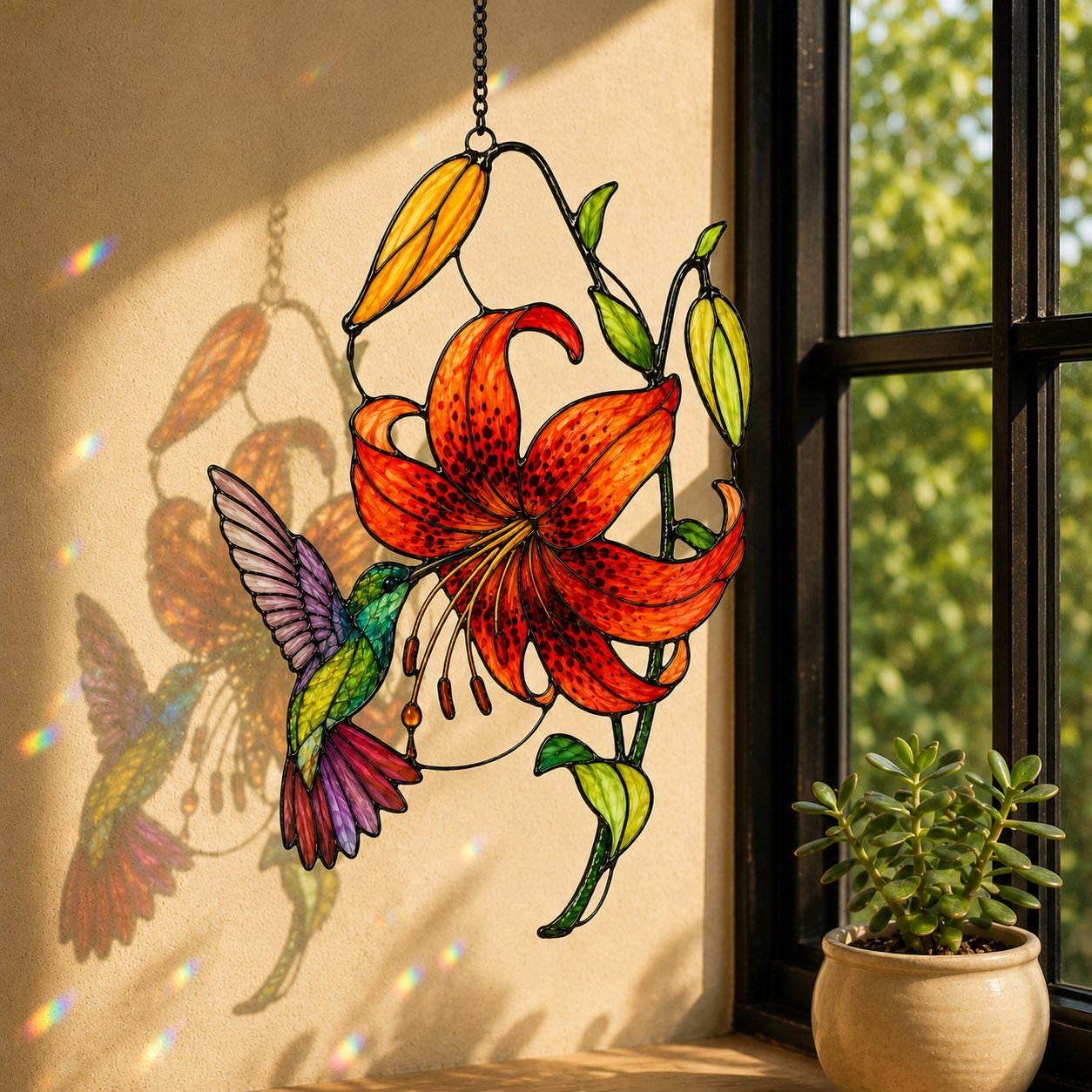 Hummingbird & Tiger Lily Holographic Acrylic Suncatcher