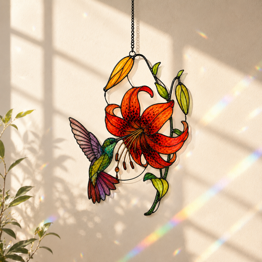 Hummingbird & Tiger Lily Holographic Acrylic Suncatcher