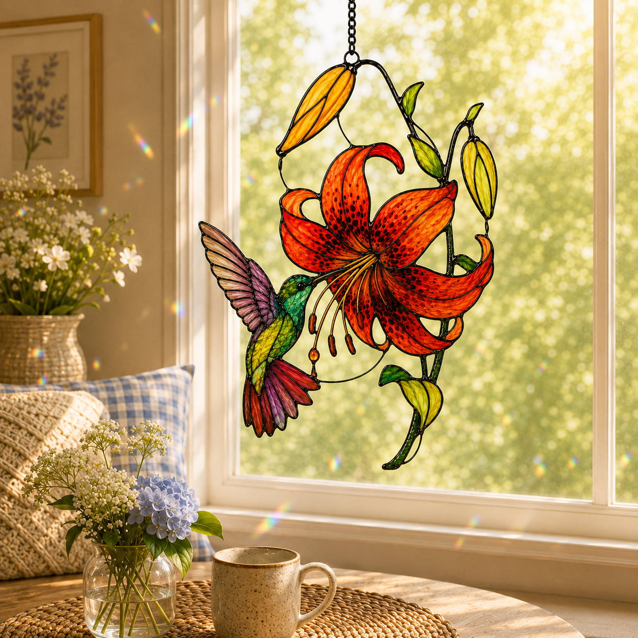 Hummingbird & Tiger Lily Holographic Acrylic Suncatcher