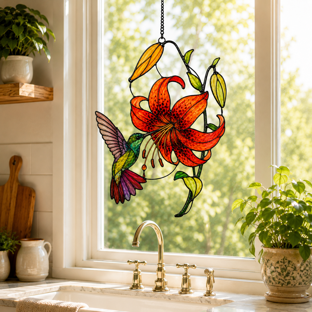 Hummingbird & Tiger Lily Holographic Acrylic Suncatcher