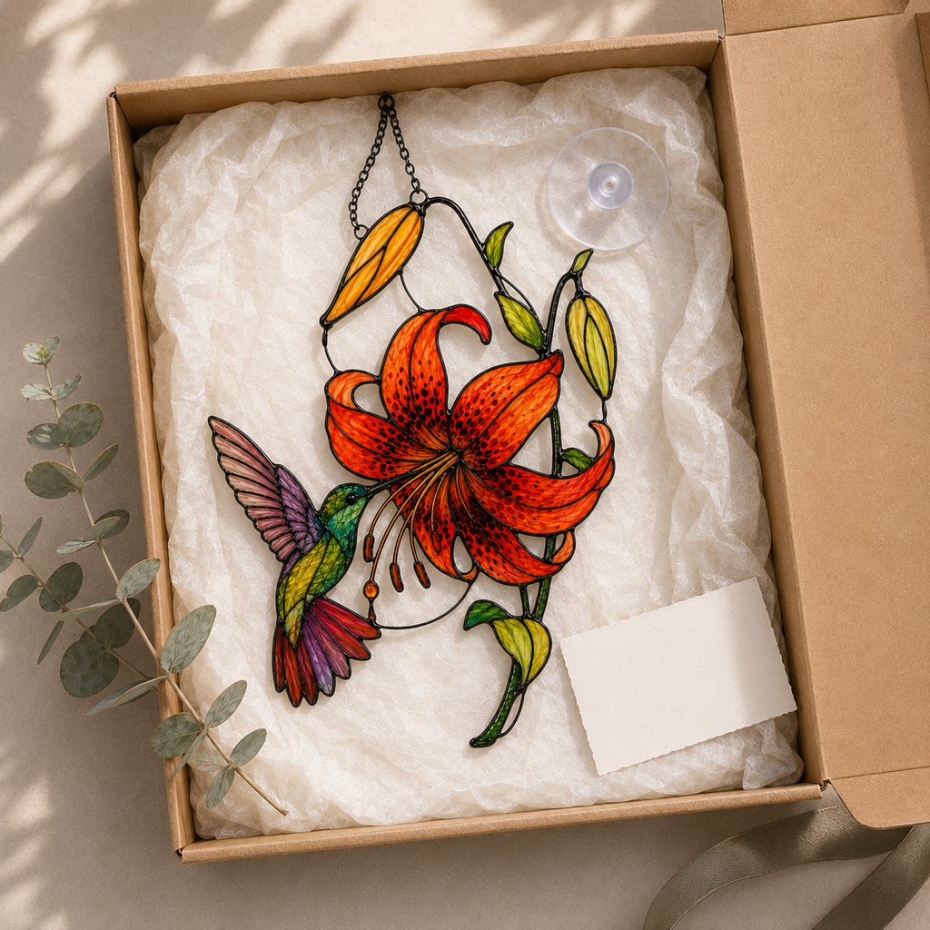 Hummingbird & Tiger Lily Holographic Acrylic Suncatcher