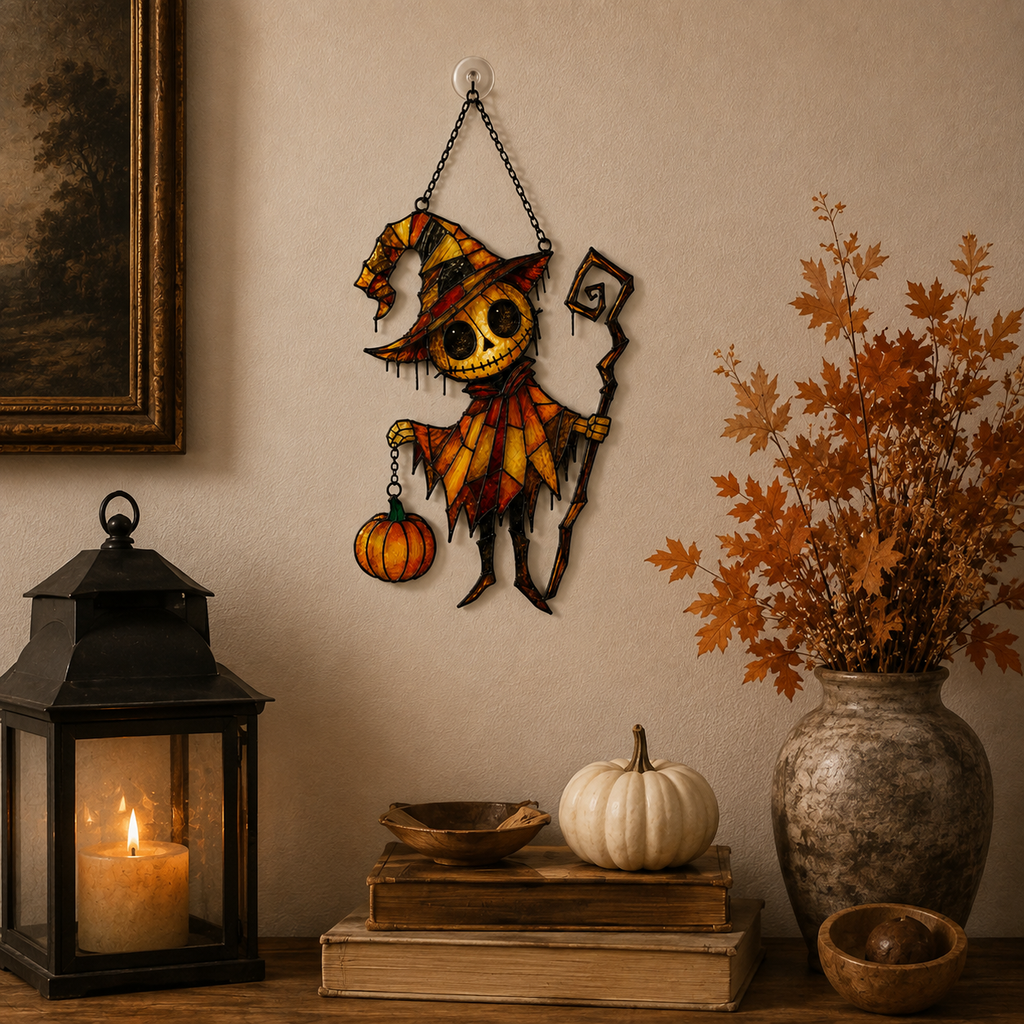 Pumpkin Head Skeleton in Witch Hat Holographic Acrylic Suncatcher