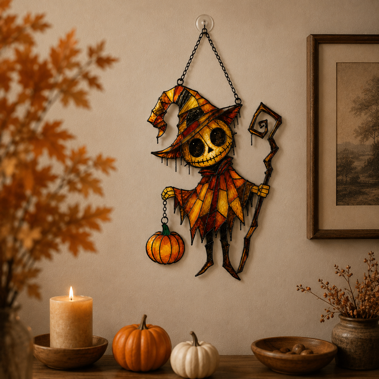 Pumpkin Head Skeleton in Witch Hat Holographic Acrylic Suncatcher