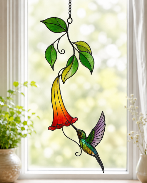 Rainbow Hummingbird & Trumpet Flower Holographic Acrylic Suncatcher