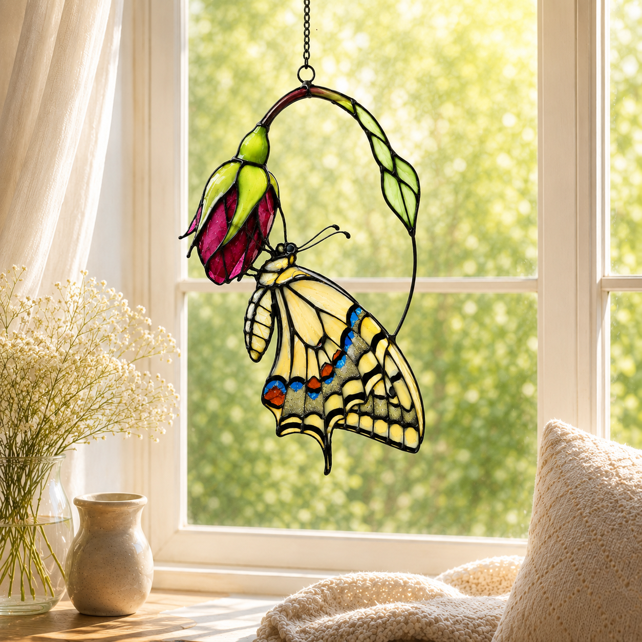 Swallowtail Butterfly & Pink Blossom Holographic Acrylic Suncatcher