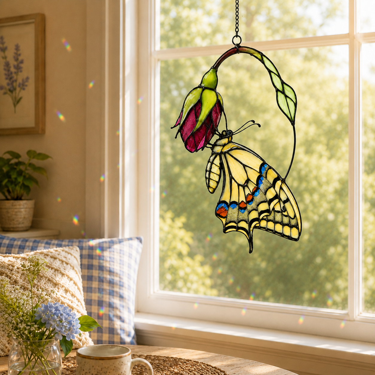 Swallowtail Butterfly & Pink Blossom Holographic Acrylic Suncatcher
