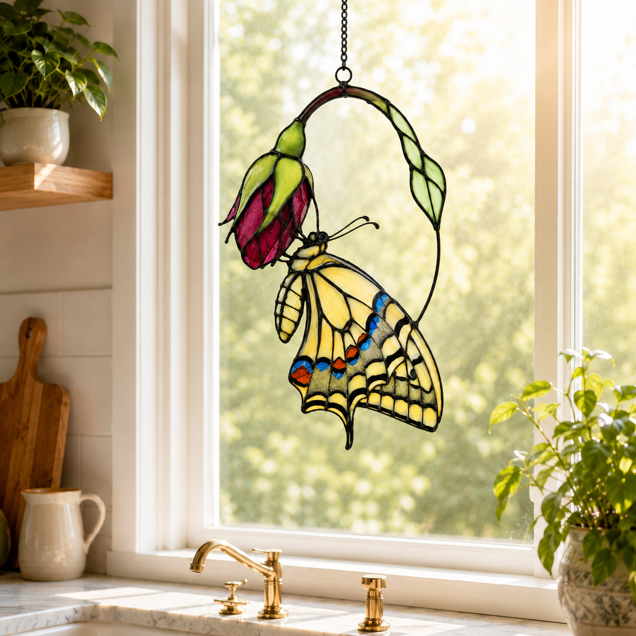 Swallowtail Butterfly & Pink Blossom Holographic Acrylic Suncatcher