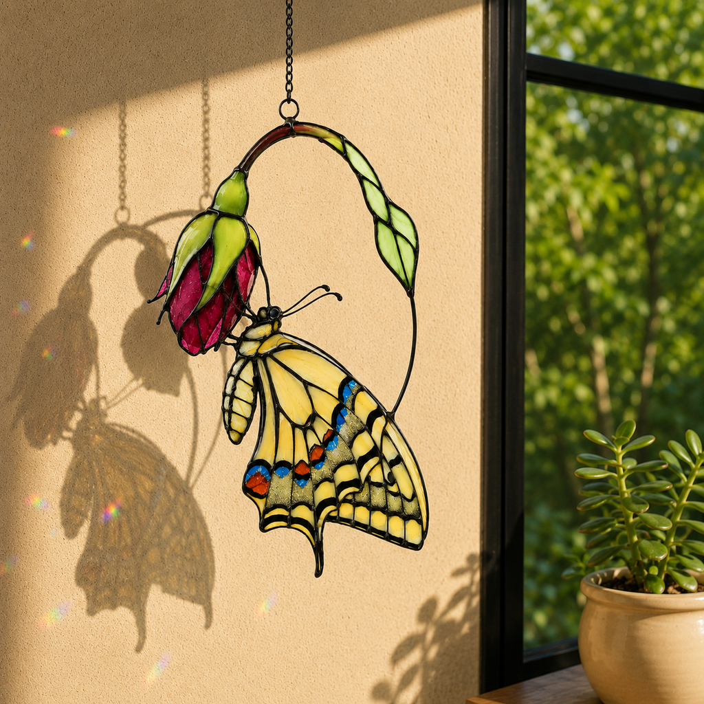Swallowtail Butterfly & Pink Blossom Holographic Acrylic Suncatcher