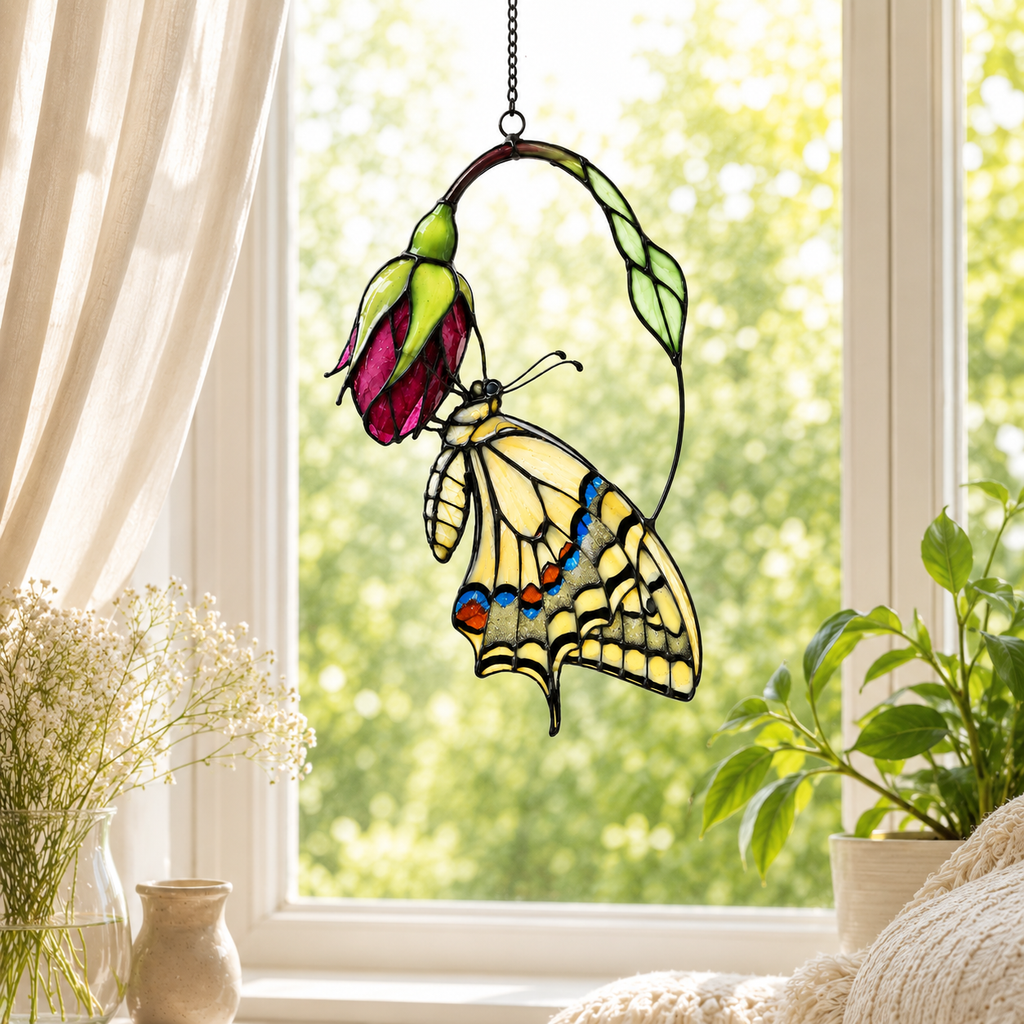 Swallowtail Butterfly & Pink Blossom Holographic Acrylic Suncatcher