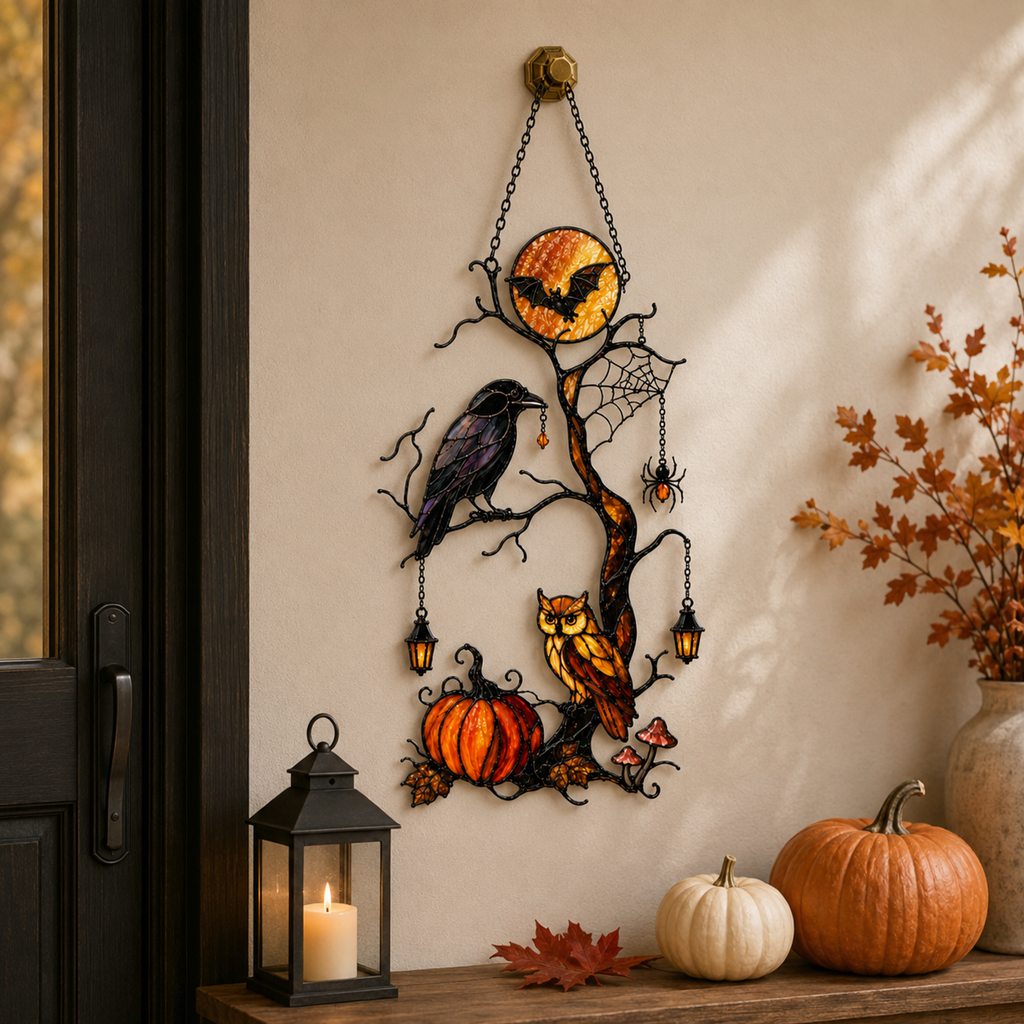 Raven & Owl on Moonlit Tree with Pumpkin Holographic Acrylic Suncatcher