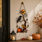 Raven & Owl on Moonlit Tree with Pumpkin Holographic Acrylic Suncatcher