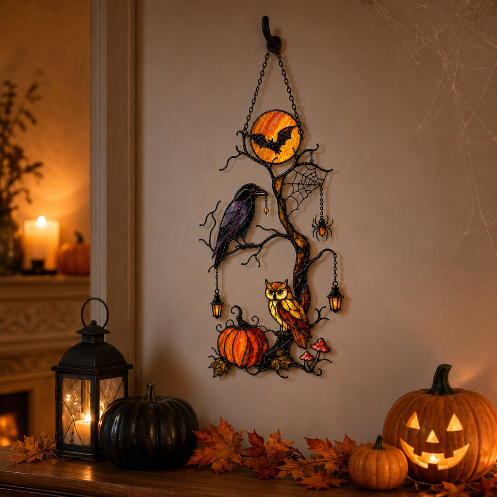 Raven & Owl on Moonlit Tree with Pumpkin Holographic Acrylic Suncatcher