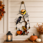 Raven & Owl on Moonlit Tree with Pumpkin Holographic Acrylic Suncatcher