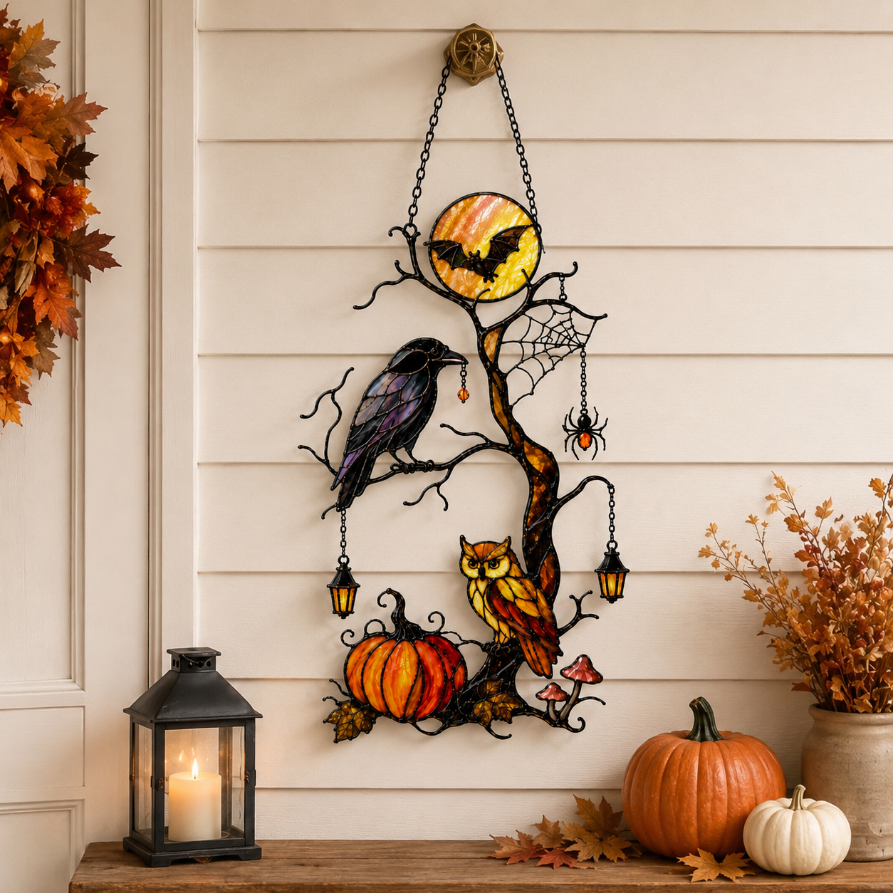 Raven & Owl on Moonlit Tree with Pumpkin Holographic Acrylic Suncatcher