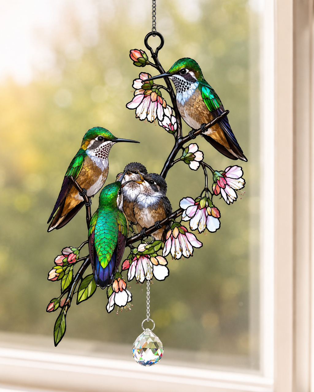 Hummingbird Family & Cherry Blossom Holographic Acrylic Suncatcher