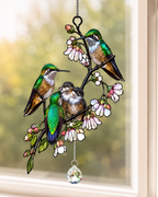 Hummingbird Family & Cherry Blossom Holographic Acrylic Suncatcher