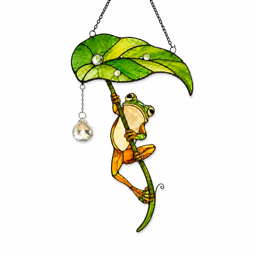 Frog with Leaf Umbrella Holographic Acrylic Suncatcher