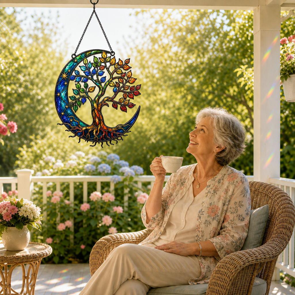 Tree of Life Crescent Moon Holographic Acrylic Suncatcher
