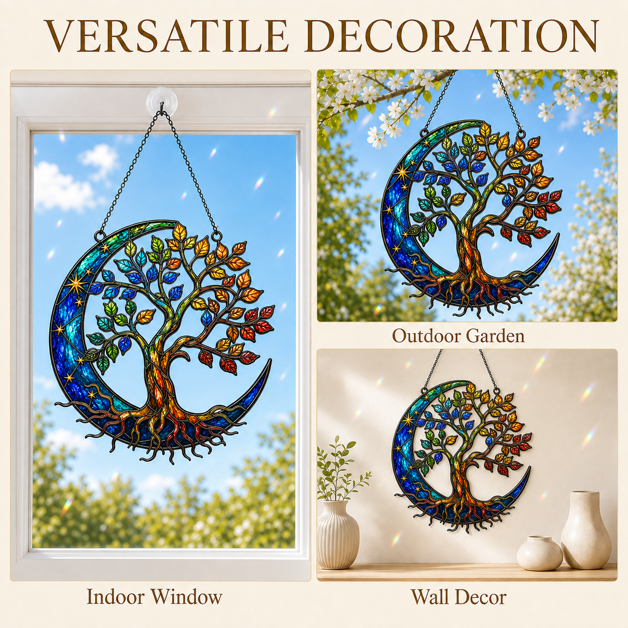 Tree of Life Crescent Moon Holographic Acrylic Suncatcher