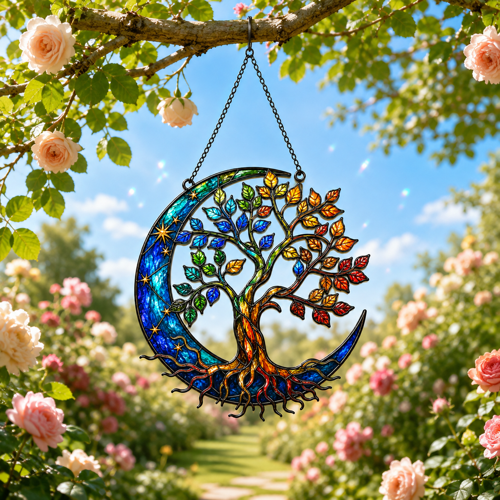 Tree of Life Crescent Moon Holographic Acrylic Suncatcher