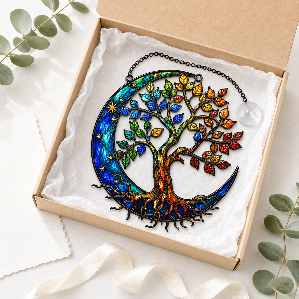 Tree of Life Crescent Moon Holographic Acrylic Suncatcher