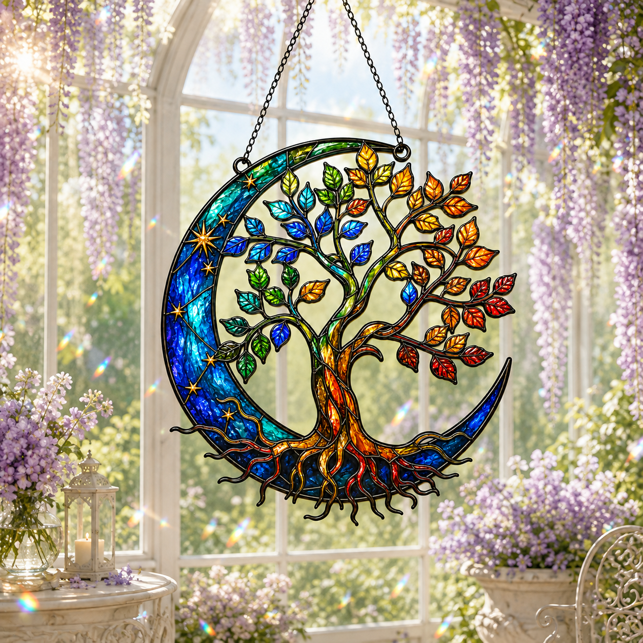 Tree of Life Crescent Moon Holographic Acrylic Suncatcher