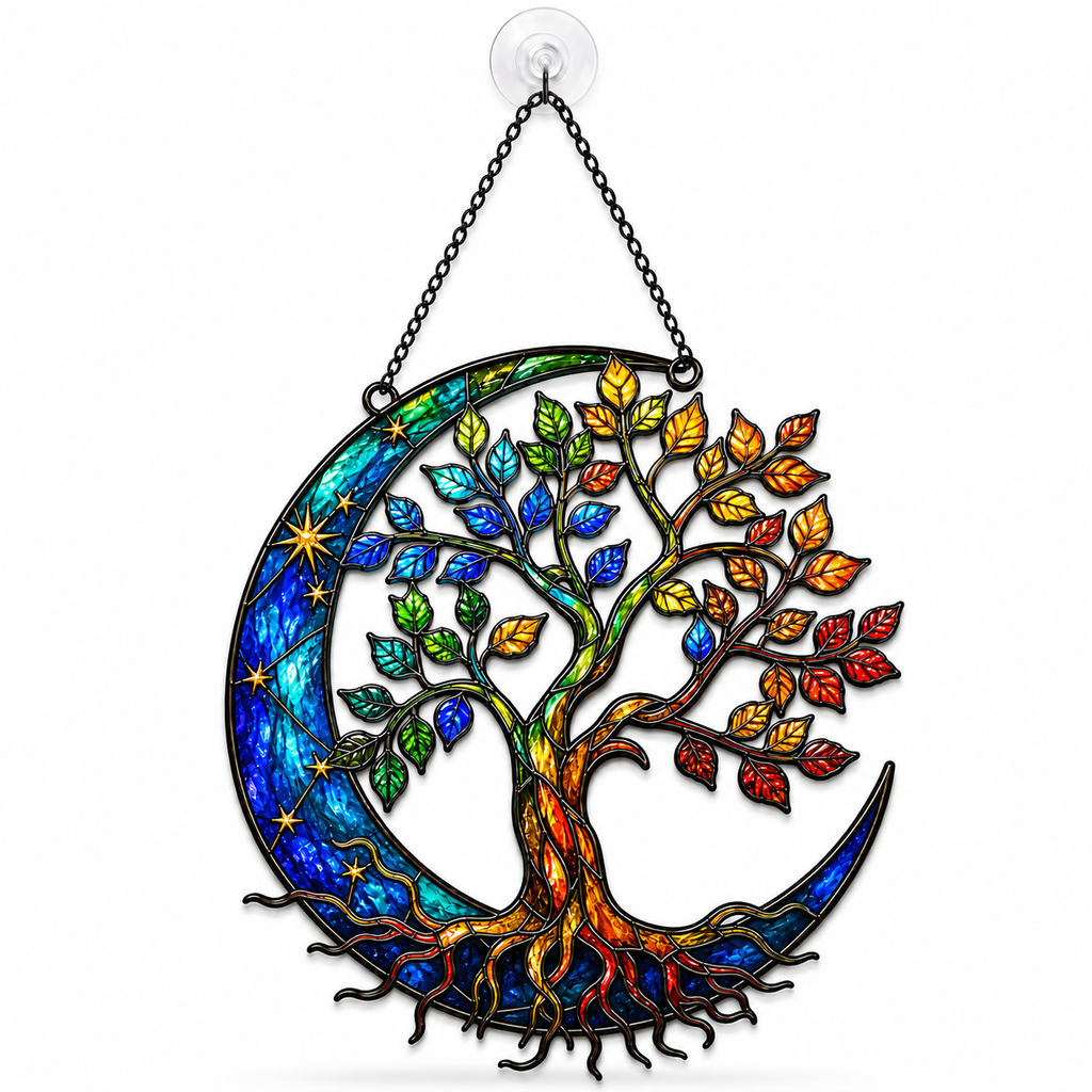 Tree of Life Crescent Moon Holographic Acrylic Suncatcher