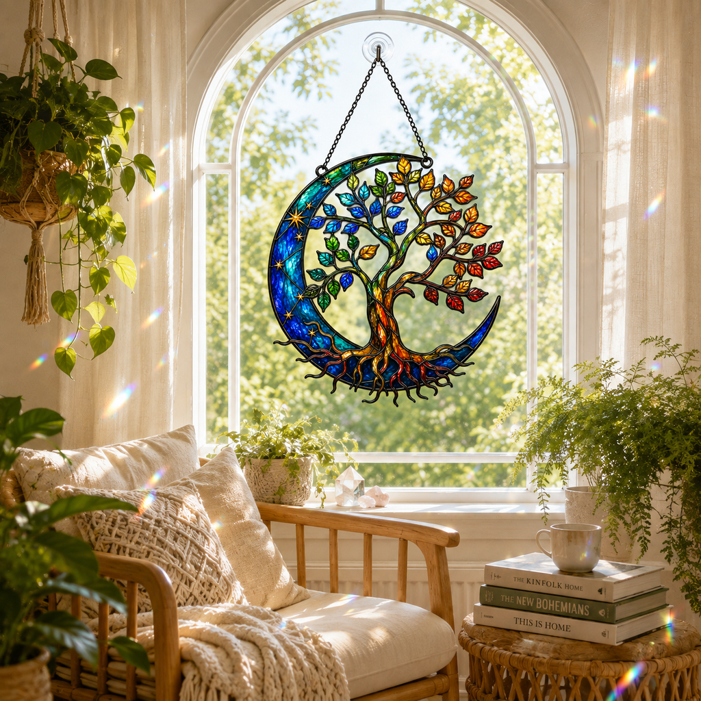 Tree of Life Crescent Moon Holographic Acrylic Suncatcher