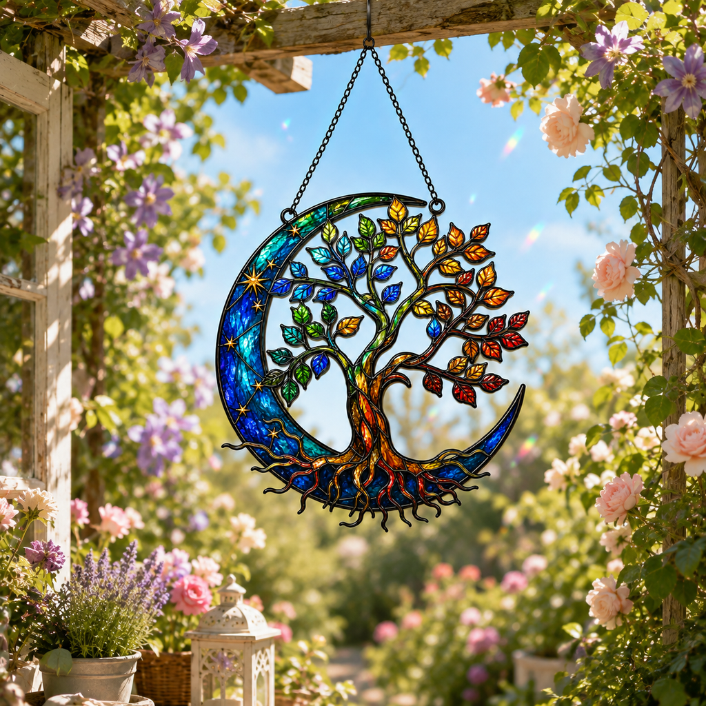 Tree of Life Crescent Moon Holographic Acrylic Suncatcher