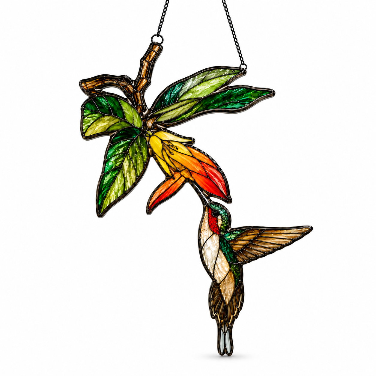 Hummingbird & Orange Trumpet Flower Holographic Acrylic Suncatcher