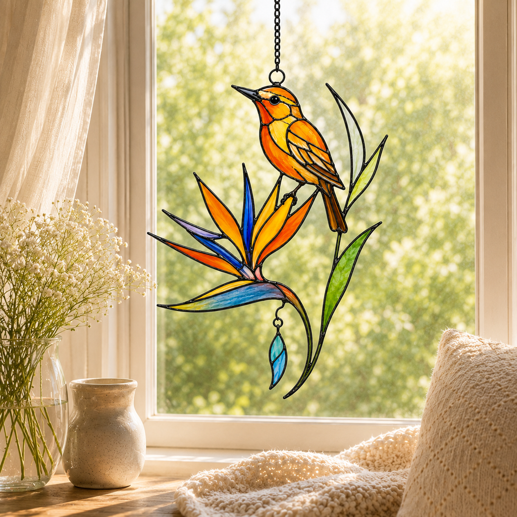 Oriole & Bird of Paradise Holographic Acrylic Suncatcher