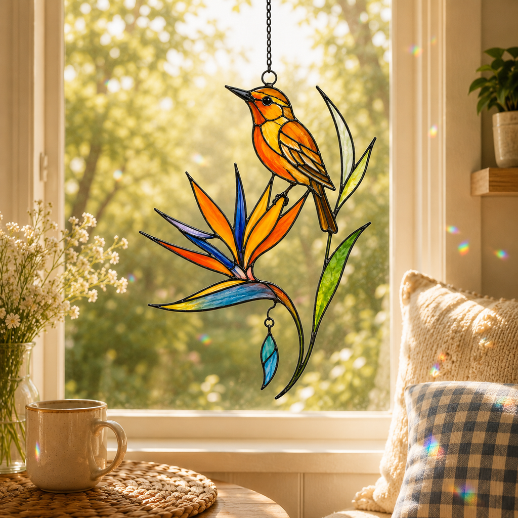 Oriole & Bird of Paradise Holographic Acrylic Suncatcher