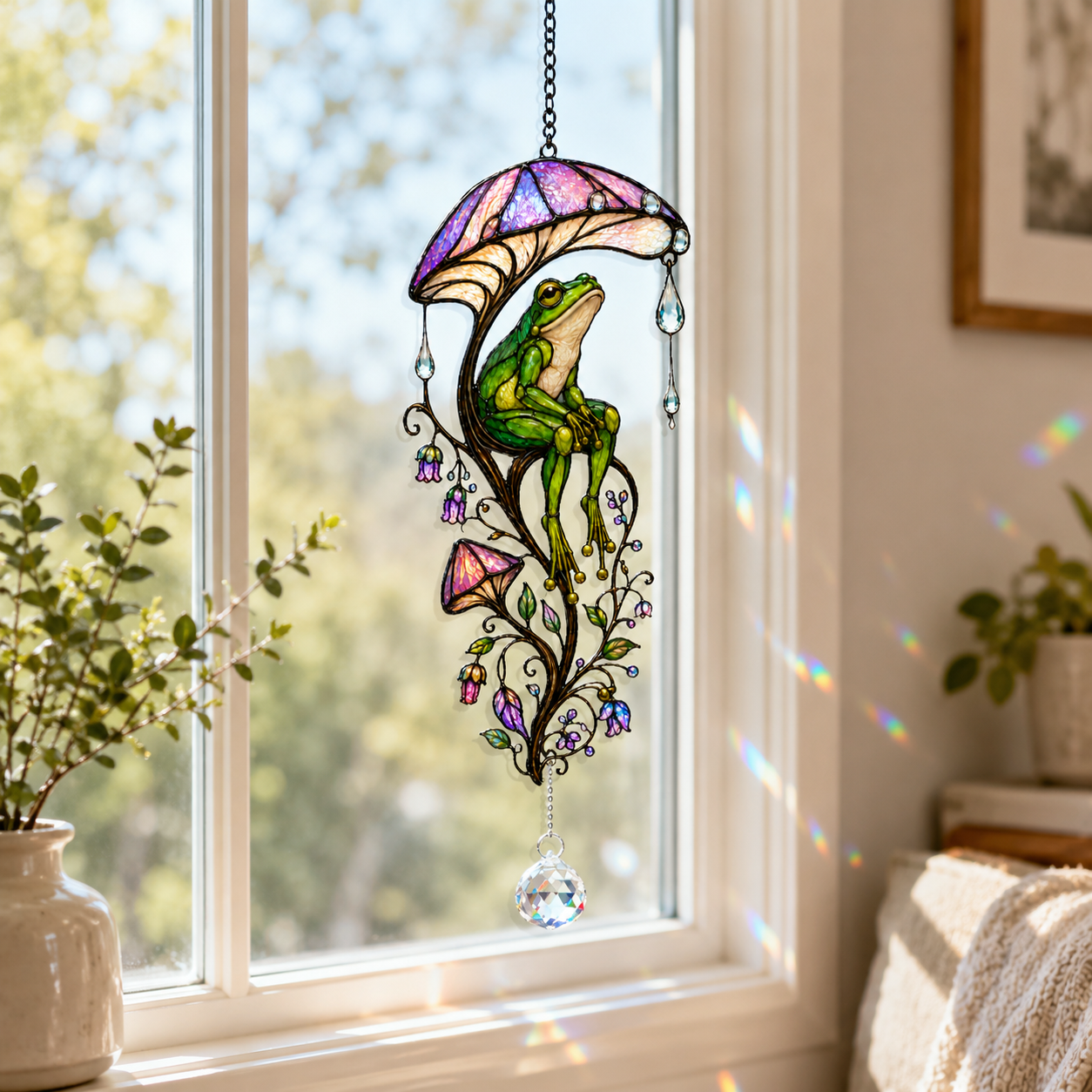 Frog & Mushroom Umbrella Holographic Acrylic Suncatcher