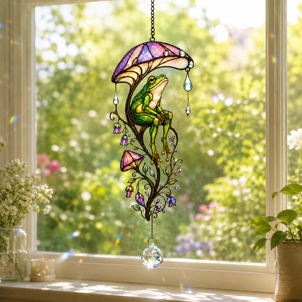 Frog & Mushroom Umbrella Holographic Acrylic Suncatcher
