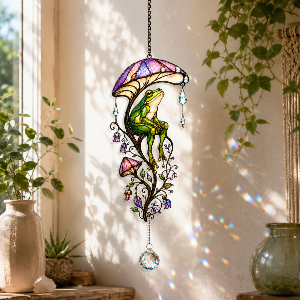Frog & Mushroom Umbrella Holographic Acrylic Suncatcher