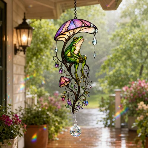 Frog & Mushroom Umbrella Holographic Acrylic Suncatcher