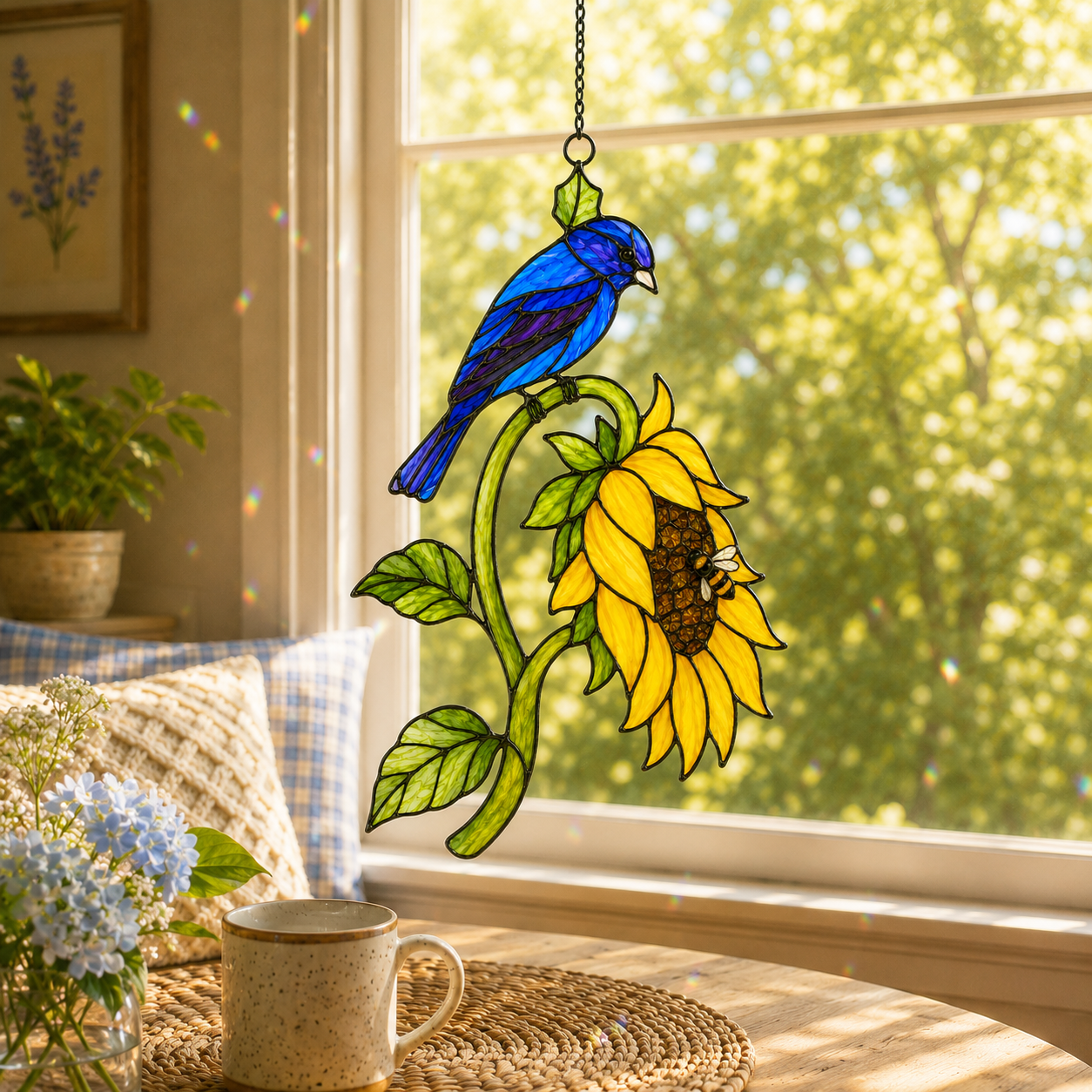 Bluebird & Sunflower Holographic Acrylic Suncatcher