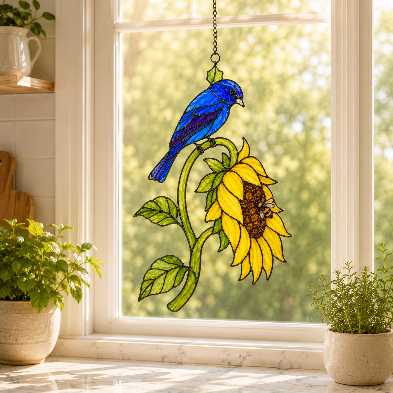 Bluebird & Sunflower Holographic Acrylic Suncatcher