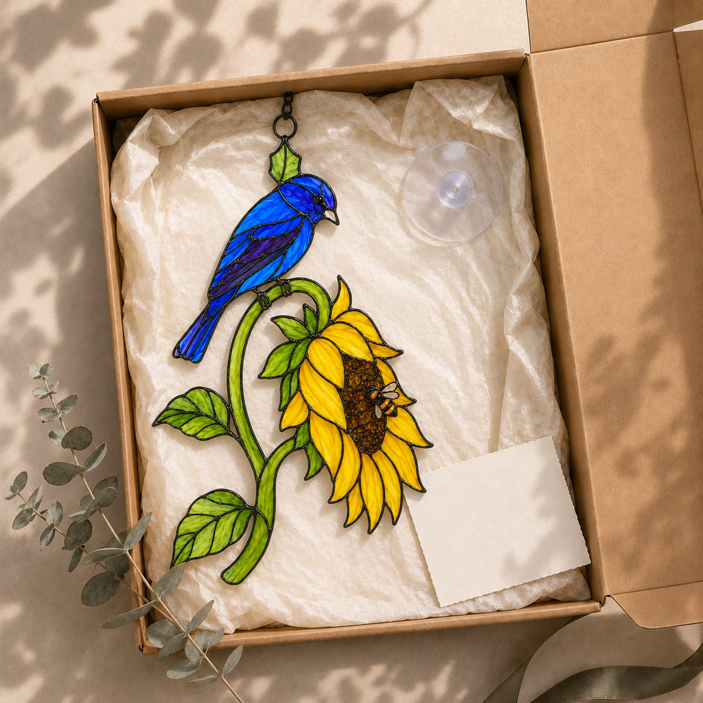 Bluebird & Sunflower Holographic Acrylic Suncatcher