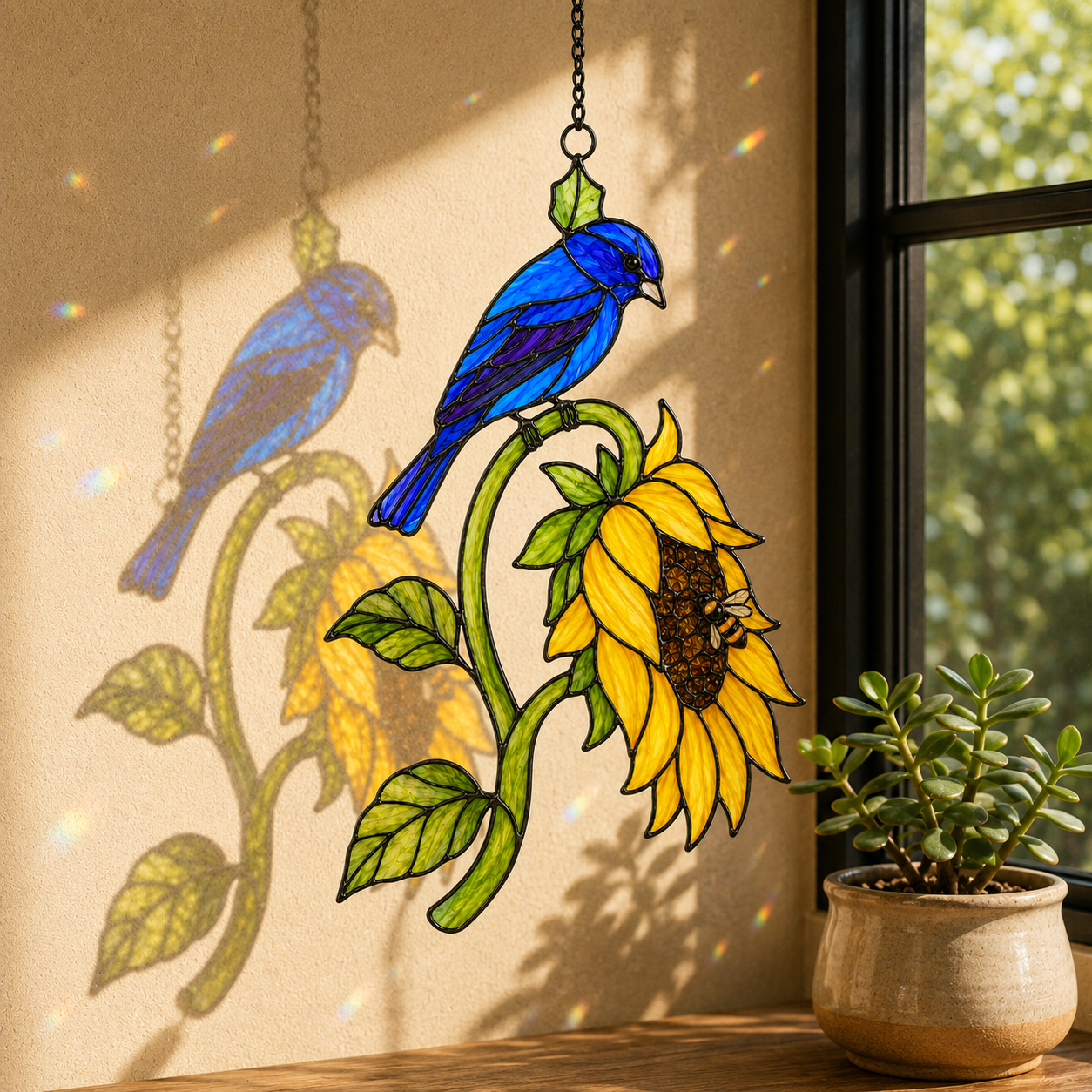 Bluebird & Sunflower Holographic Acrylic Suncatcher