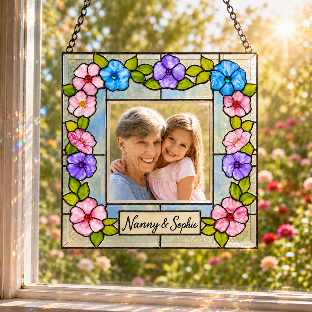Personalized Photo Suncatcher – Custom Name Floral Frame Stained Glass Window Hanging