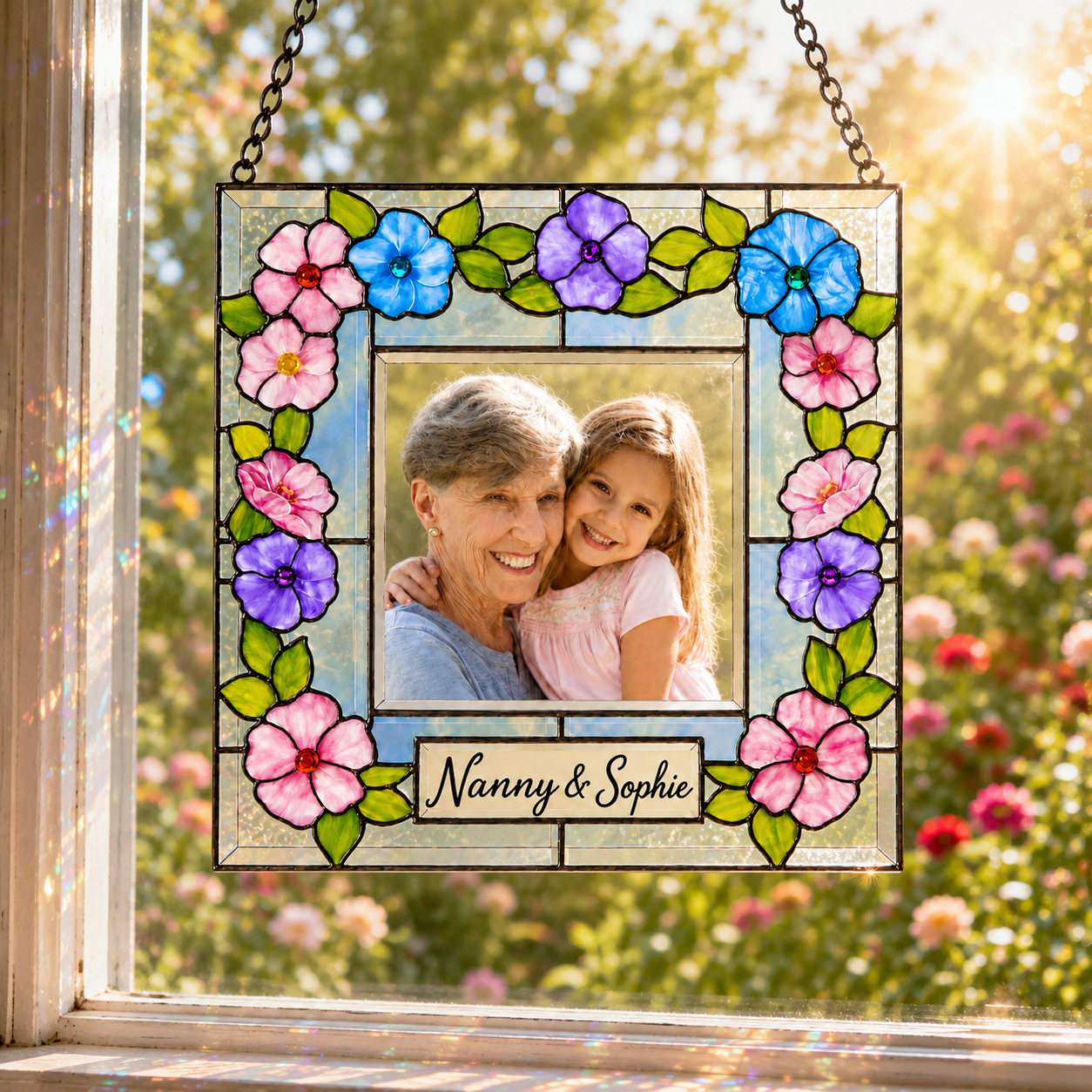 Personalized Photo Suncatcher – Custom Name Floral Frame Stained Glass Window Hanging