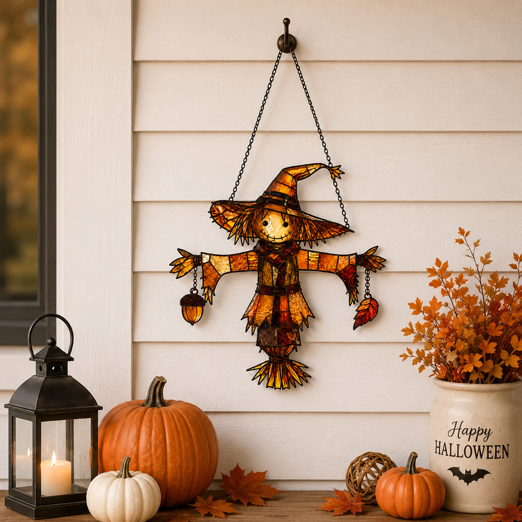 Scarecrow in Witch Hat with Acorn & Leaf Holographic Acrylic Suncatcher