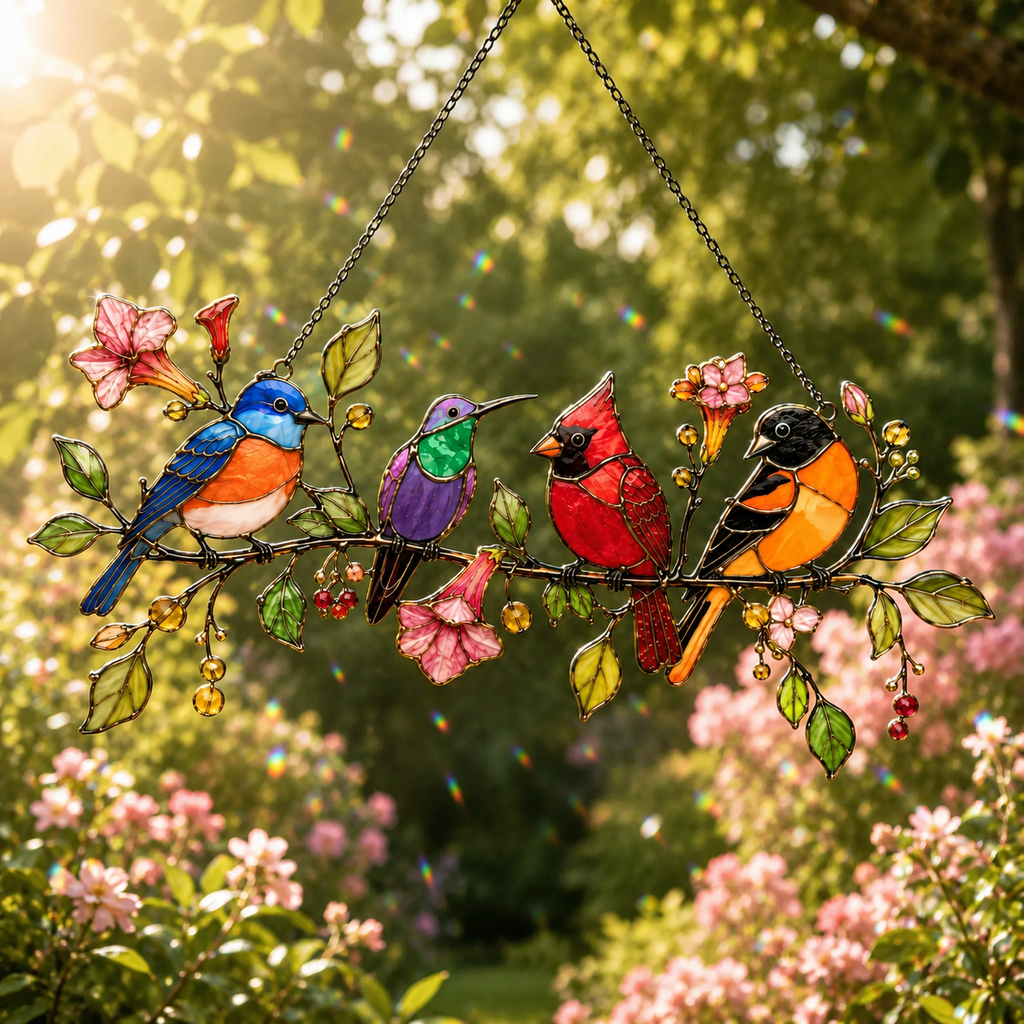 Four Songbirds on Blossom Branch Holographic Acrylic Suncatcher