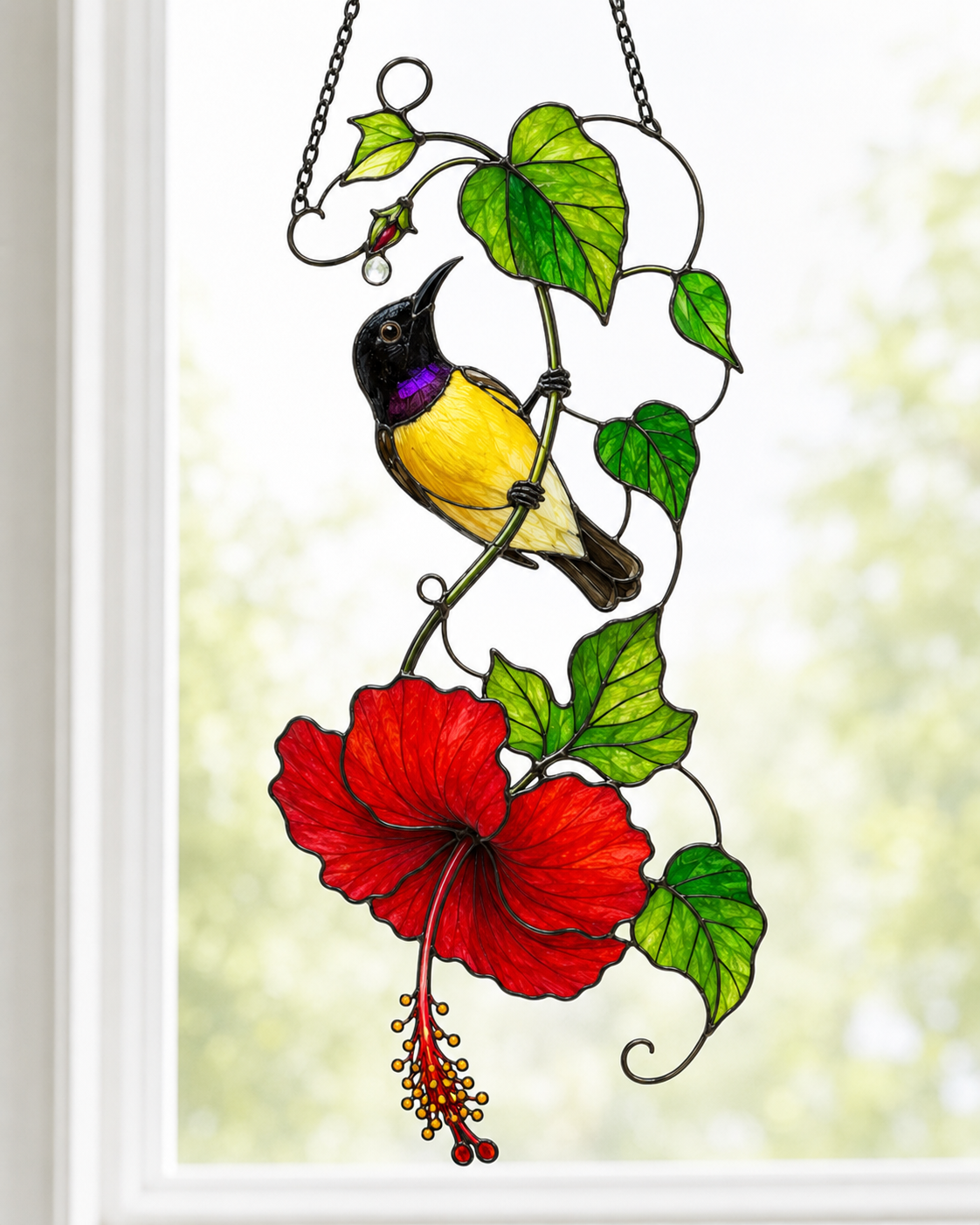 Sunbird & Red Hibiscus Holographic Acrylic Suncatcher