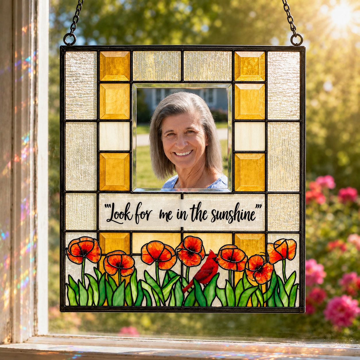 Personalized Memorial Photo Suncatcher – Look For Me In The Sunshine Cardinal &amp; Poppies