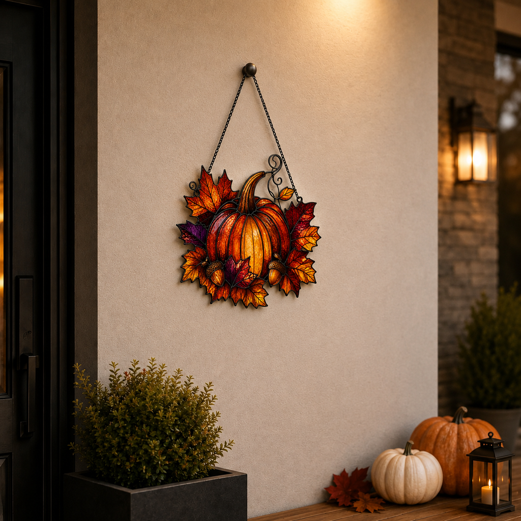 Pumpkin with Maple Leaves & Acorns Holographic Acrylic Suncatcher