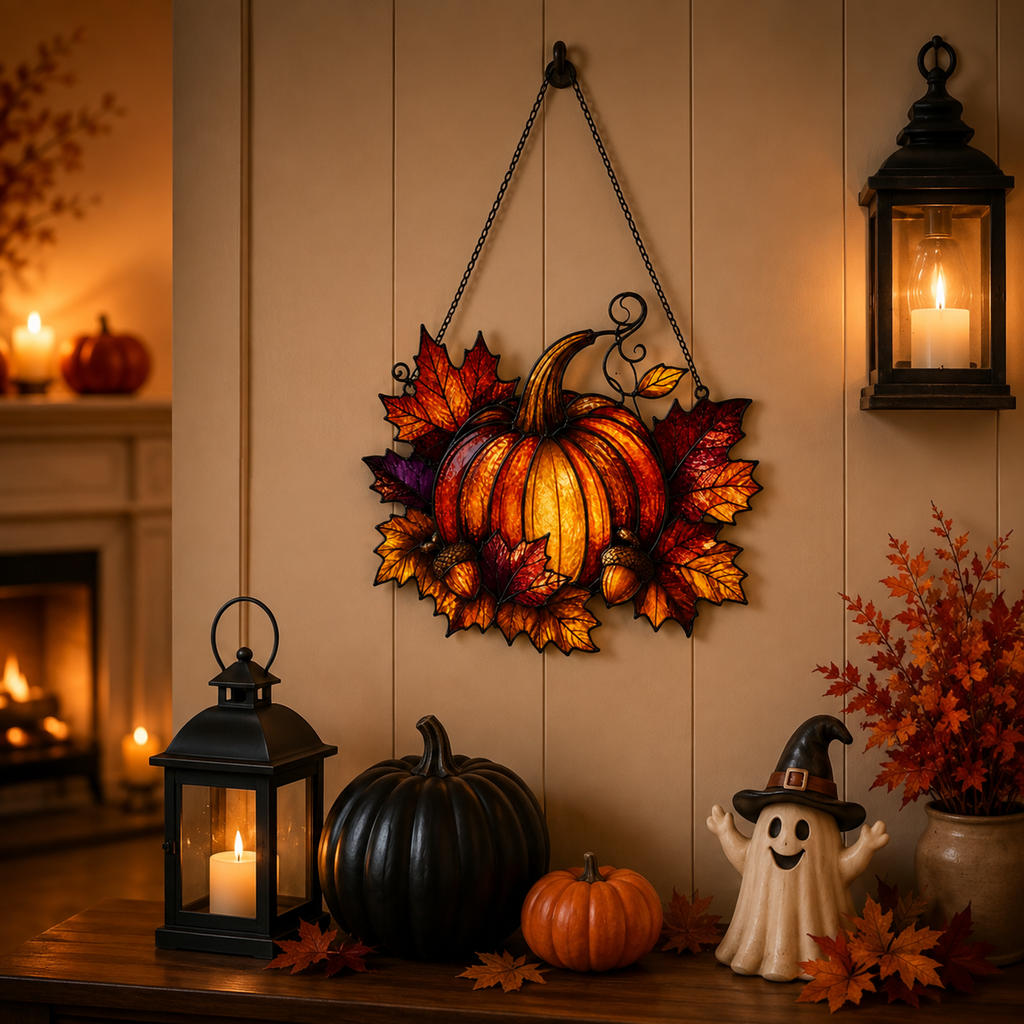 Pumpkin with Maple Leaves & Acorns Holographic Acrylic Suncatcher