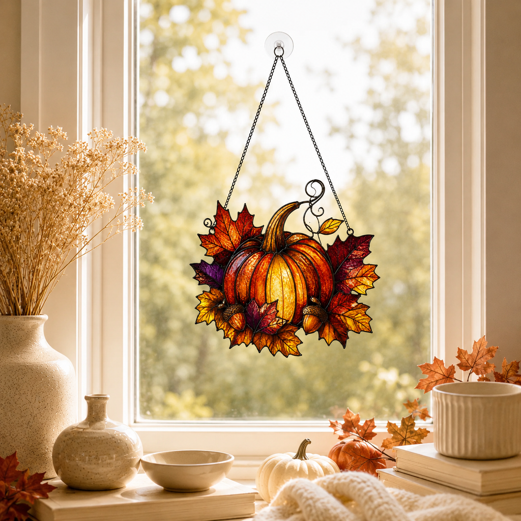 Pumpkin with Maple Leaves & Acorns Holographic Acrylic Suncatcher