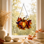 Pumpkin with Maple Leaves & Acorns Holographic Acrylic Suncatcher